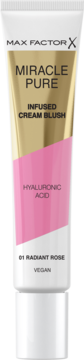 Max Factor Miracle Pure Infused Cream Blush 01 Radiant Rose z kwasem hialuronowym w białej tubce, widok przodem.