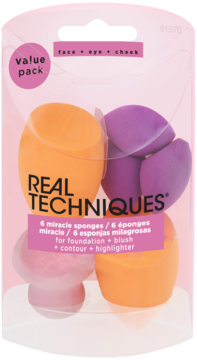 Real Techniques 6 miracle sponges for foundation, blush, contour, in clear retail value pack.