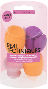 Real Techniques 6 miracle sponges for foundation, blush, contour, in clear retail value pack.
