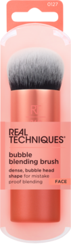 Real Techniques Bubble Blending Brush w różowym opakowaniu, gęsta, bańkowa główka, widok z przodu.