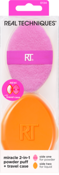 Real Techniques Miracle 2-in-1 powder puff w/ travel case. Pink puff above orange case, designed for powder & liquid.