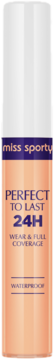 Korektor Miss Sporty Perfect to Last 24h, jasnobeżowa butelka z fioletowym paskiem i białym zamknięciem, widok z przodu.