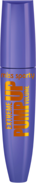Fioletowa maskara Miss Sporty Pump Up Volume Extreme, cylindryczna butelka z złotymi napisami, widok z przodu.