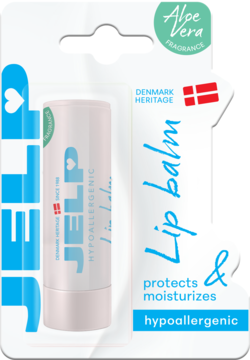 Jelp hipoalergiczny balsam do ust z Aloe Vera w blistrze, biała tubka z niebieskim napisem i duńską flagą.