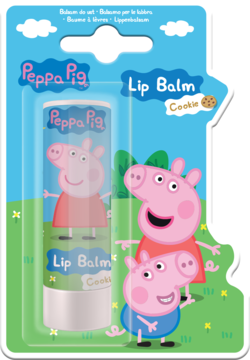 Balsam do ust Peppa Pig o zapachu ciasteczek w blistrze, z postacią Peppy i George'a, widok z przodu.