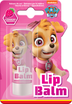 Paw Patrol Skye truskawkowy balsam do ust w różowym opakowaniu blistrowym z postacią pieska Skye.