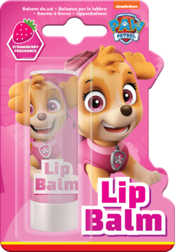 Paw Patrol Skye truskawkowy balsam do ust w różowym opakowaniu blistrowym z postacią pieska Skye.