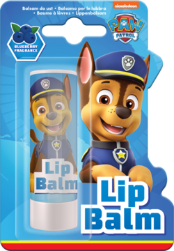 Dziecięcy balsam do ust Paw Patrol z postacią Chase'a, o borówkowym zapachu, w niebieskim blistrze, widok z przodu.