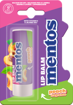 Mentos balsam do ust o zapachu brzoskwini, fioletowa tubka w blistrze, z witaminą E i olejem jojoba, widok z przodu.