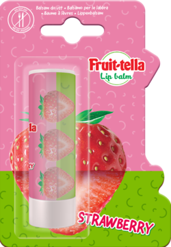 Truskawkowy balsam do ust Fruit-tella w różowo-zielonym blistrze z nadrukiem truskawek.