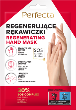 Perfecta Regenerating Hand Mask, biało-czerwone opakowanie dla suchych dłoni z 30% SOS Complex, widok z przodu.
