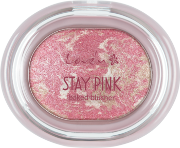Wypiekany rozświetlający róż Lovely Stay Pink, z różowo-białym marmurem w owalnym opakowaniu.