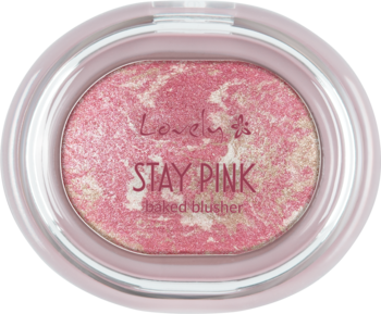 Wypiekany rozświetlający róż Lovely Stay Pink, z różowo-białym marmurem w owalnym opakowaniu.