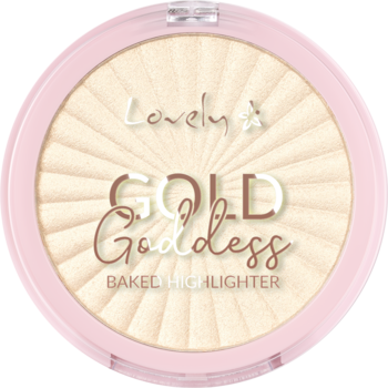 Różowy kompakt Lovely Gold Goddess, z beżowym rozświetlaczem o promiennym wzorze i złotym napisem.