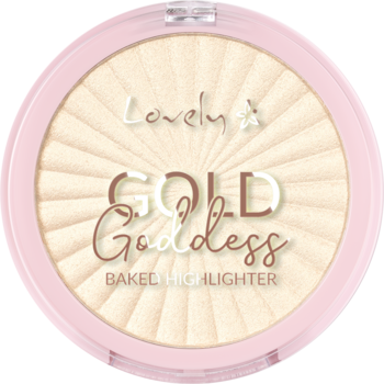 Różowy kompakt Lovely Gold Goddess, z beżowym rozświetlaczem o promiennym wzorze i złotym napisem.
