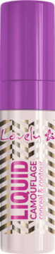 Lovely Liquid Camouflage, fioletowo-biały korektor z dużym aplikatorem, wzór chevron na etykiecie, widok z przodu.