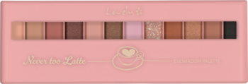 Różowa paleta cieni Lovely Never too Latte z 12 kawowymi i beżowymi odcieniami, widok z góry.