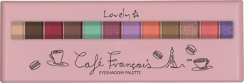 Lovely Cafe Francais Eyeshadow Palette, 12 colorful shades in a pink case with Eiffel Tower art.