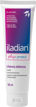 Żel intymny Iladian Play & Protect, 50 ml, biała tuba z gradientem fioletu i różu, widok z przodu.