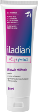 Żel intymny Iladian Play & Protect, 50 ml, biała tuba z gradientem fioletu i różu, widok z przodu.