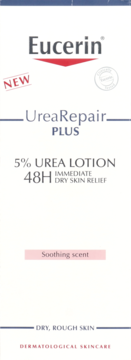 Eucerin UreaRepair Plus 5% Urea Lotion, białe opakowanie z czerwonym logo, widok z przodu, dla suchej skóry.