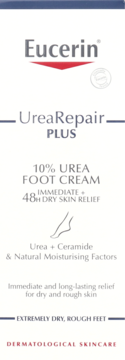 Eucerin UreaRepair PLUS 10% Urea Foot Cream w białym kartoniku, widok z przodu, na suche stopy.