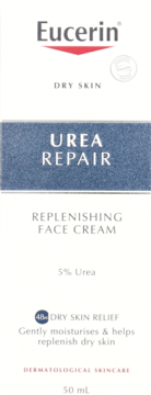 Białe pudełko kremu Eucerin Urea Repair do twarzy z 5% mocznikiem dla suchej skóry, 50 ml.
