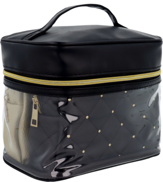 Czarna kosmetyczka Eloy z pikowanym, przezroczystym spodem i złotymi zdobieniami oraz zamkiem.