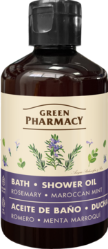 Green Pharmacy Olejek do Kąpieli Rozmaryn i Mięta Marokańska, ciemnobrązowa butelka, widok z przodu.