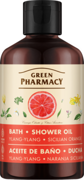 Green Pharmacy Olejek do kąpieli/prysznic Ylang-Ylang, Sycylijska Pomarańcza. Brązowa butelka, etykieta z owocem cytrusowym.
