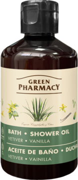 Green Pharmacy olejek do kąpieli i pod prysznic, wetyweria i wanilia, brązowa butelka, widok z przodu.