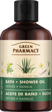 Green Pharmacy Bath Shower Oil Vetiver Vanilla w brązowej butelce, beżowa etykieta z zielonymi napisami.