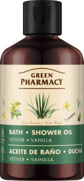 Green Pharmacy Bath Shower Oil Vetiver Vanilla w brązowej butelce, beżowa etykieta z zielonymi napisami.