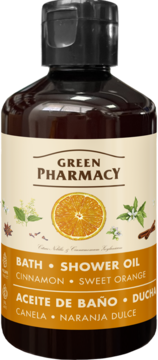 Green Pharmacy Bath & Shower Oil, Cinnamon Sweet Orange, in a dark brown bottle with beige label, front view.