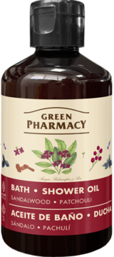 Green Pharmacy Bath Shower Oil Sandalwood Patchouli, brązowa butelka z beżową etykietą, widok z przodu.
