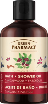 Green Pharmacy wegański olejek do kąpieli i pod prysznic Sandalwood Patchouli, brązowa butelka, widok z przodu.