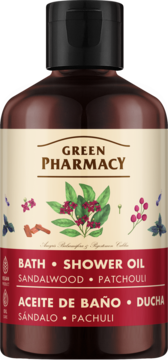 Green Pharmacy wegański olejek do kąpieli i pod prysznic Sandalwood Patchouli, brązowa butelka, widok z przodu.