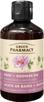 Green Pharmacy Bath & Shower Oil, dark brown bottle with rose label, Damask Rose & White Musk scent, front view.