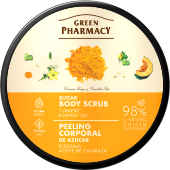 Green Pharmacy cukrowy peeling do ciała z kurkumą i olejkiem dyniowym, okrągłe opakowanie, pomarańczowo-biała etykieta, widok z przodu.