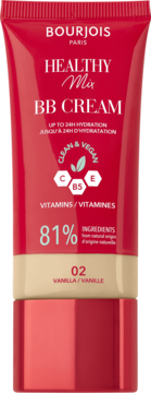 Bourjois Healthy Mix BB Cream 02 Vanilla, czerwona tubka z beżowym odcieniem, widok z przodu. Wegańska formuła.