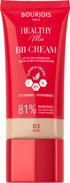 Bourjois Healthy Mix BB Cream 03 Beige w czerwonej tubce, widok z przodu. 81% składników nat., wit. C, E, B5.