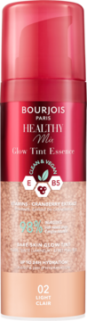 Bourjois Healthy Mix Glow Tint Essence 02 Light Clair, butelka z czerwoną nakrętką i perłowymi drobinkami, widok z przodu.