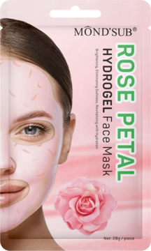 MOND'SUB Rose Petal Hydrogel Face Mask w różowo-białej saszetce, z wizerunkiem twarzy i różowej róży.