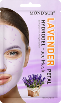 Maska hydrożelowa Mond'Sub Lavender Petal w fioletowym opakowaniu, z modelką noszącą maskę i lawendą.