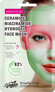 Mond'Sub Ceramide Niacinamide Hydrogel Face Mask w białej saszetce z grafiką dwukolorowej maseczki.