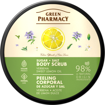 Green Pharmacy Sugar Salt Body Scrub werbena i cytryna. Okrągłe zielone opakowanie, widok od góry.