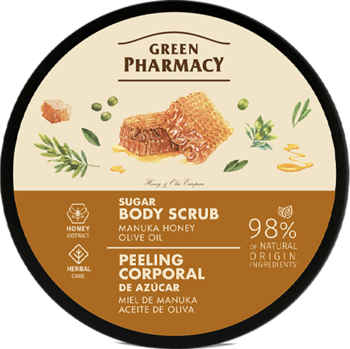 Okrągły Green Pharmacy Sugar Body Scrub z miodem manuka i oliwą, beżowa etykieta z ilustracją plastra miodu, widok z przodu.