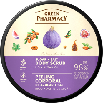 Green Pharmacy peeling cukrowo-solny do ciała, figa i argan. Okrągłe opakowanie z góry, zielono-fioletowe z ilustracją figi.