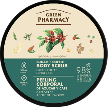 Okrągły peeling Green Pharmacy Sugar+Coffee Body Scrub, zielono-beżowy, z ilustracjami kawy i imbiru, widok z góry.