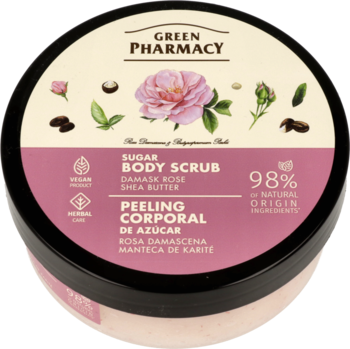 Green Pharmacy Sugar Body Scrub z różą damasceńską. Beżowo-różowy słoik z czarną pokrywką, widok z góry.